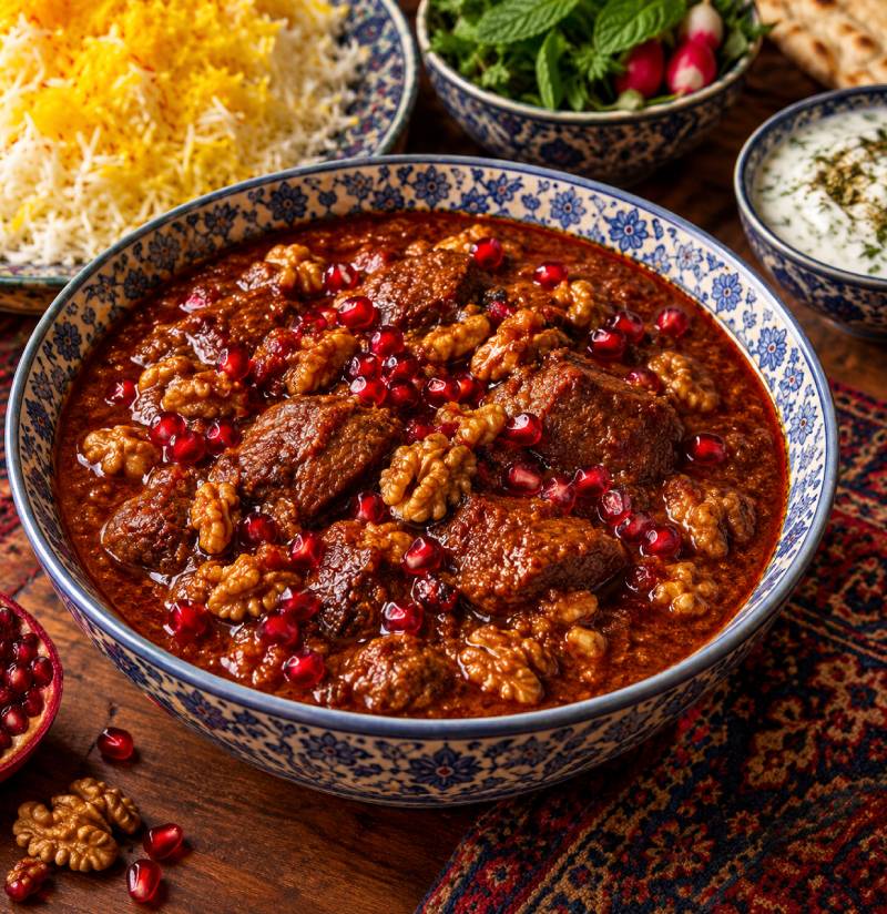 Persian Fesenjan stew with walnuts and pomegranate seeds at Toranj in Edinburgh.